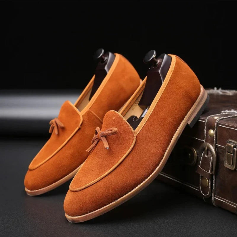 Orange suede loafers for men by Polumi – Alberto Aristocrat handcrafted moccasins with soft suede texture.