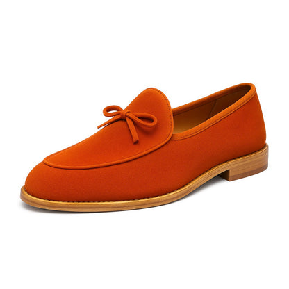 Orange suede men’s loafers – Polumi Alberto Aristocrat moccasins with bow and stitched trim.