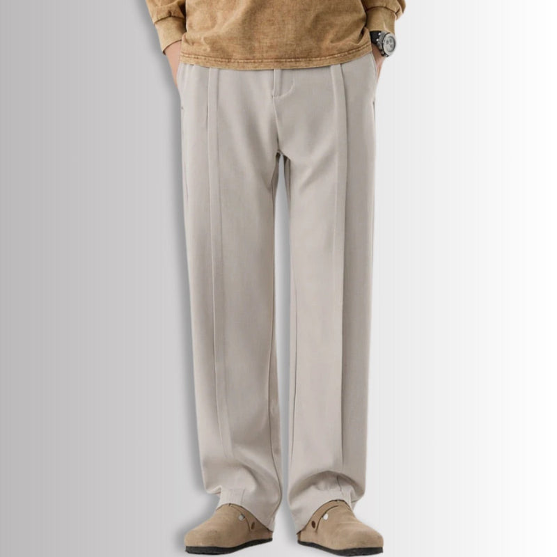 Alberto Comfortable Relaxed Pants in beige color, soft fabric wide-leg trousers for men, front view.