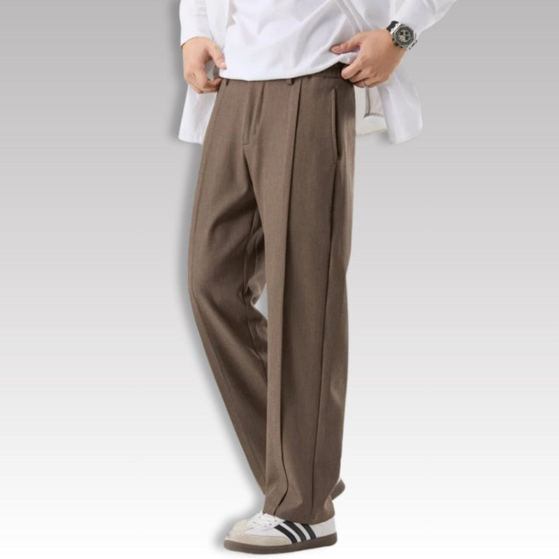 Brown Alberto Comfortable Relaxed Pants, men’s relaxed fit pleated trousers viewed from the side.