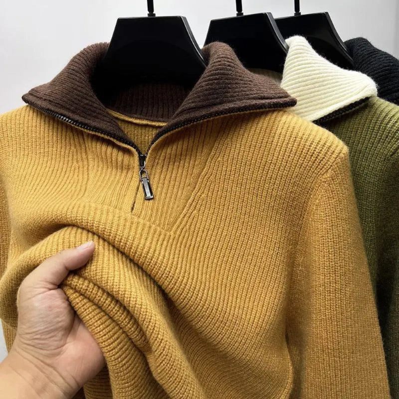 Alberto High-Neck Quarter-Zip Sweater in desert – men's ribbed knit sweater with brown contrast collar and premium texture by Polumi.