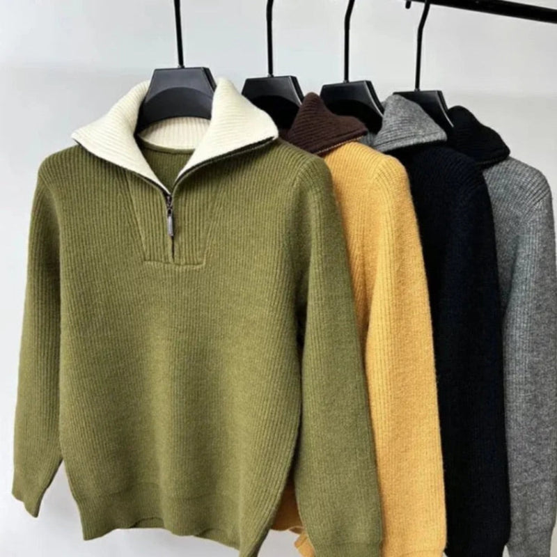 Alberto High-Neck Quarter-Zip Sweater in green displayed on hanger – men's ribbed high-neck half-zip sweater with cream collar by Polumi.