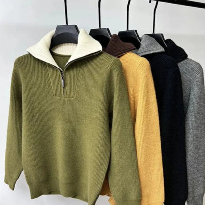 Alberto High-Neck Quarter-Zip Sweater in green displayed on hanger – men's ribbed high-neck half-zip sweater with cream collar by Polumi.