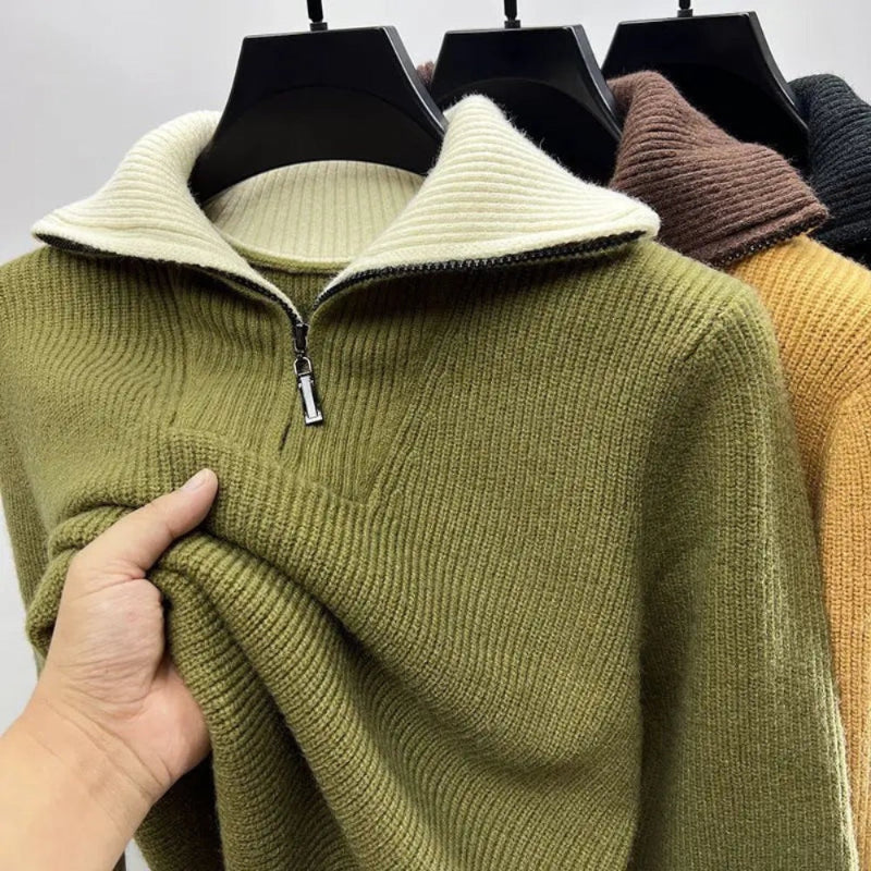 Alberto High-Neck Quarter-Zip Sweater in green – soft ribbed knit men's sweater with cream collar and refined casual design by Polumi.