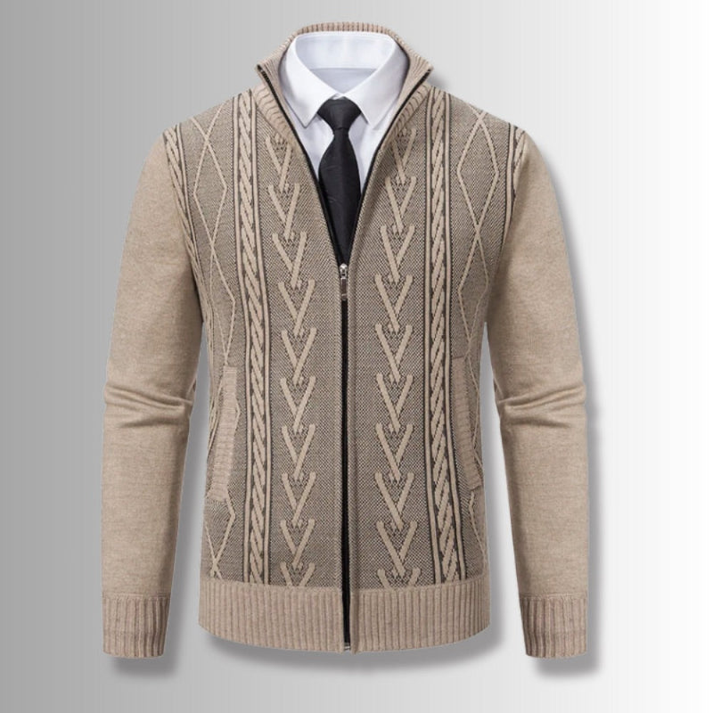 Beige Alberto Knit Zipper Cardigan for men with elegant cable pattern, full zip, and soft knitted fabric over white shirt and tie.