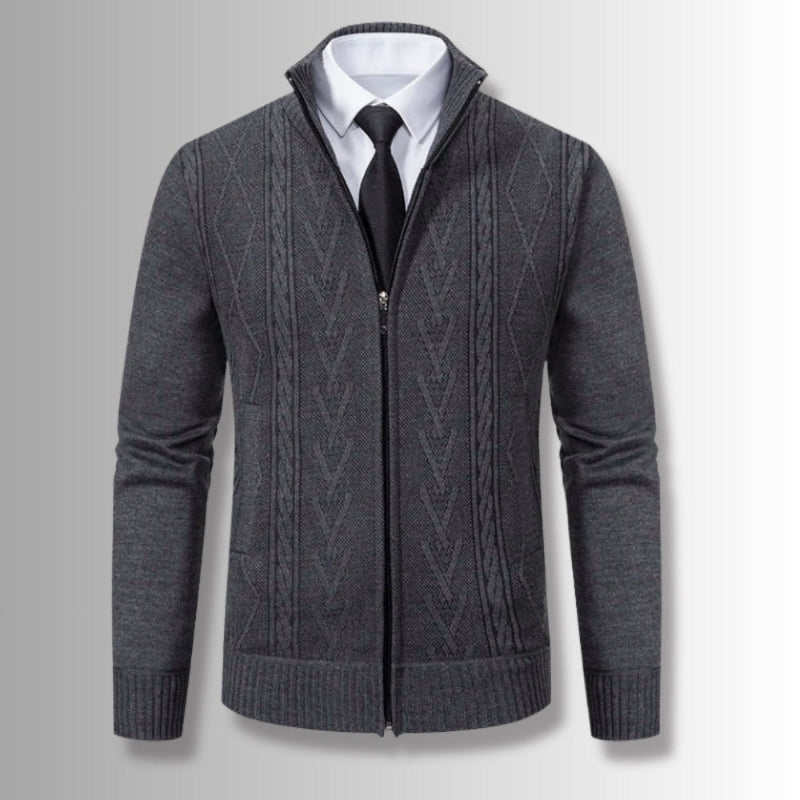 Dark gray Alberto Knit Zipper Cardigan with refined cable knit details, worn over formal shirt and tie for smart casual look.