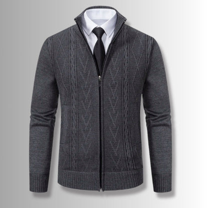 Dark gray Alberto Knit Zipper Cardigan with refined cable knit details, worn over formal shirt and tie for smart casual look.