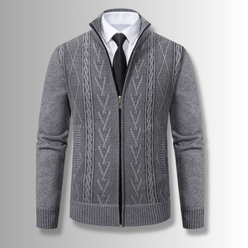 Gray Alberto Knit Zipper Cardigan for men featuring modern textured knit design and high collar zip style.