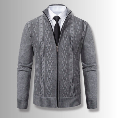 Gray Alberto Knit Zipper Cardigan for men featuring modern textured knit design and high collar zip style.