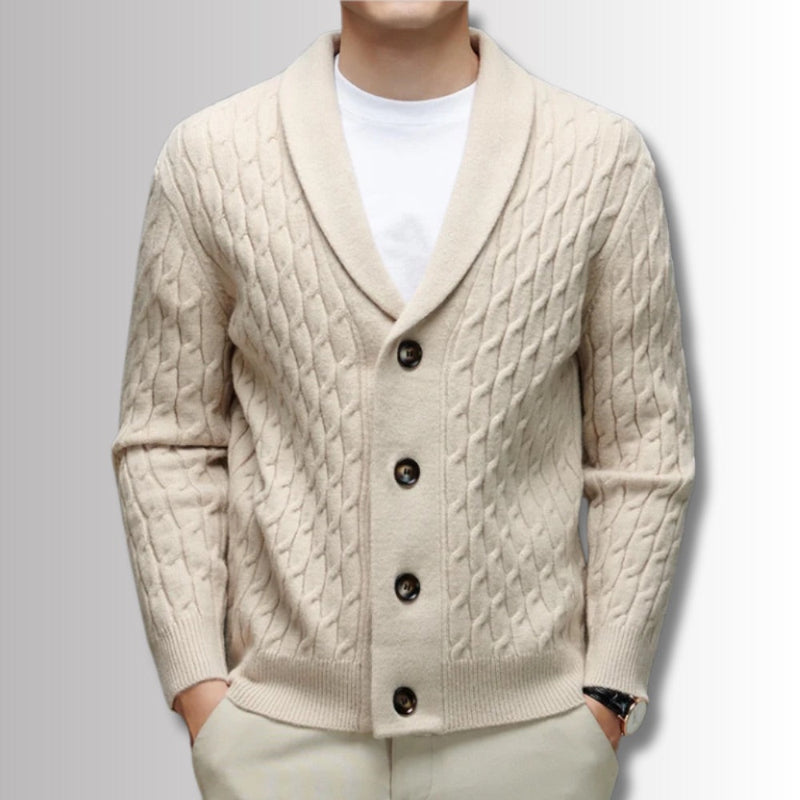 Alberto Wool Soft Braid Cardigan beige – men's beige wool cardigan with soft cable knit design and button closure by Polumi.