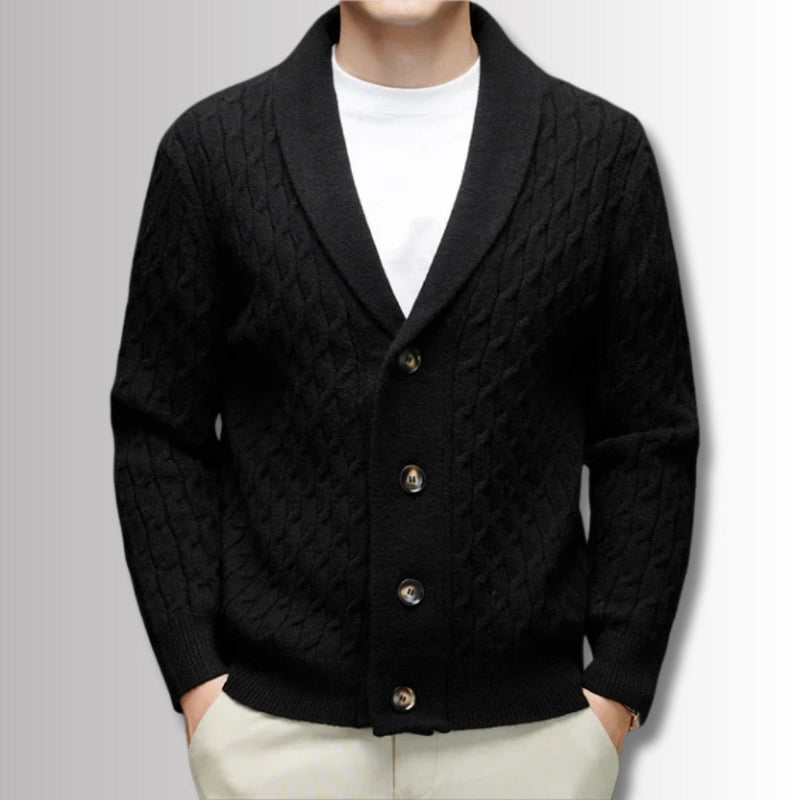 Alberto Wool Soft Braid Cardigan black – elegant men's black wool cardigan with textured knit and shawl collar by Polumi.