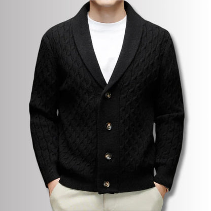 Alberto Wool Soft Braid Cardigan black – elegant men's black wool cardigan with textured knit and shawl collar by Polumi.