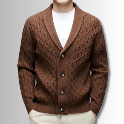 Alberto Wool Soft Braid Cardigan brown – men's brown wool cardigan with braided knit texture and shawl collar by Polumi.