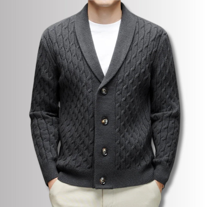 Alberto Wool Soft Braid Cardigan gray – men's gray wool cardigan with detailed braid texture and premium buttons by Polumi.