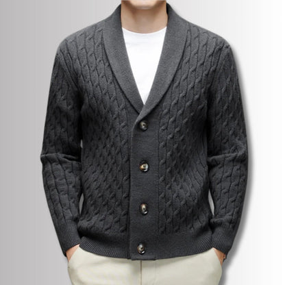 Alberto Wool Soft Braid Cardigan gray – men's gray wool cardigan with detailed braid texture and premium buttons by Polumi.
