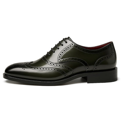 Men’s green leather brogue dress shoes with wingtip perforations and Oxford lace-up style, premium formal footwear for business outfits – Aldo by Polumi.