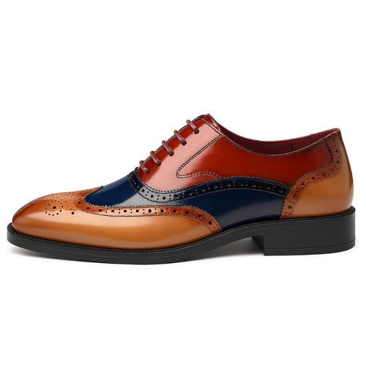 Men’s colorful brogue dress shoes in brown, navy and burgundy leather, fashion-forward Oxford design for stylish modern outfits – Aldo by Polumi.