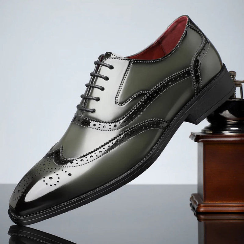Aldo Leather Brogue Shoes in green polished leather – sophisticated men’s Oxford shoes by Polumi