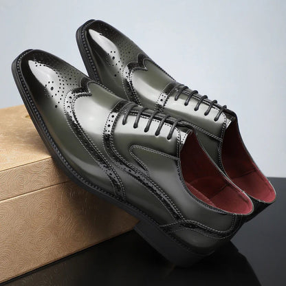 Luxury green Aldo Leather Brogue Shoes – glossy handcrafted Oxford style for men by Polumi