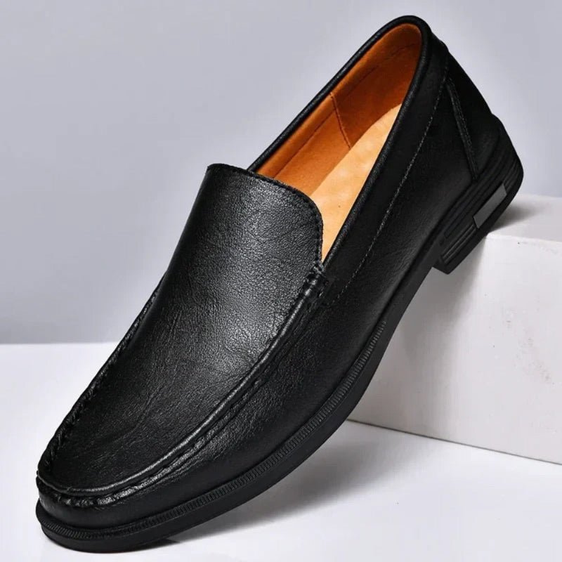 Aldo Slip On Leather Loafers in black, versatile men's loafers designed for comfort and timeless sophistication by Polumi.