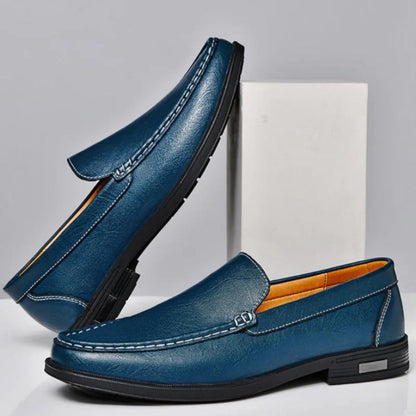 Pair of Aldo Slip On Leather Loafers in blue, premium men's leather loafers with contrast stitching by Polumi.