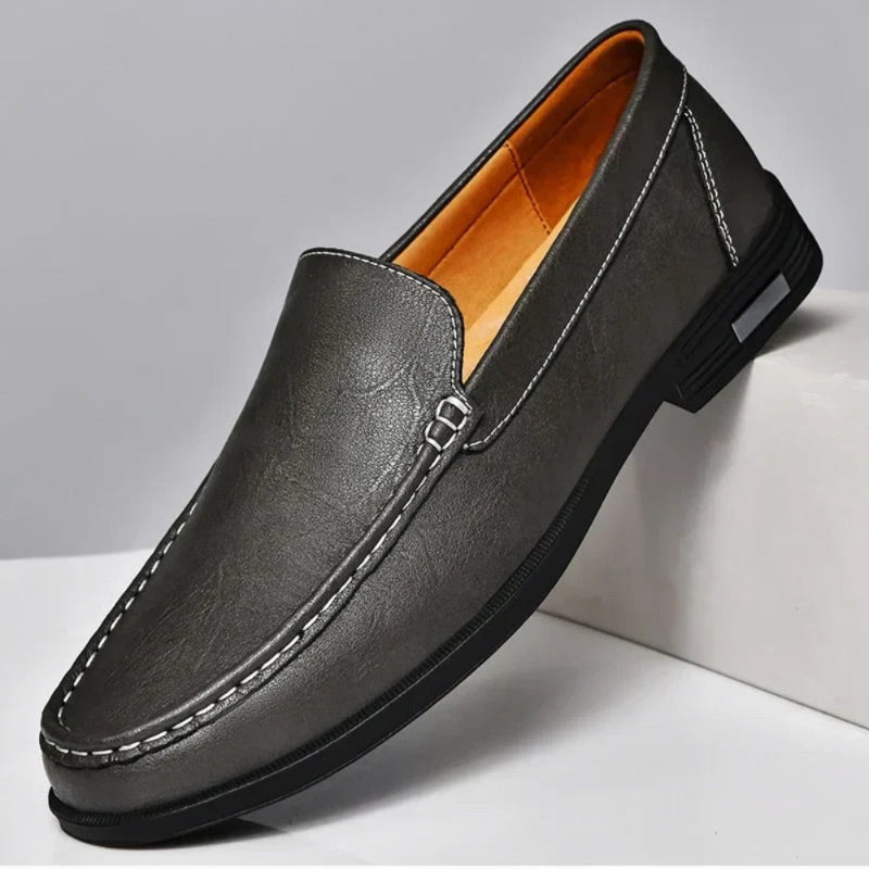 Aldo Slip On Leather Loafers in gray, classic slip-on men's loafers crafted from premium leather by Polumi.
