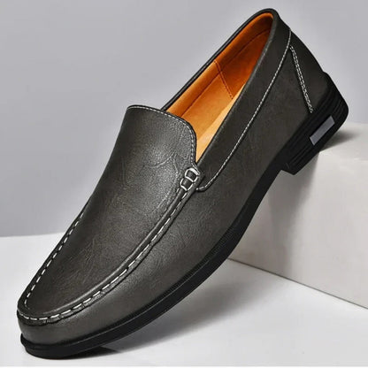 Aldo Slip On Leather Loafers in gray, classic slip-on men's loafers crafted from premium leather by Polumi.