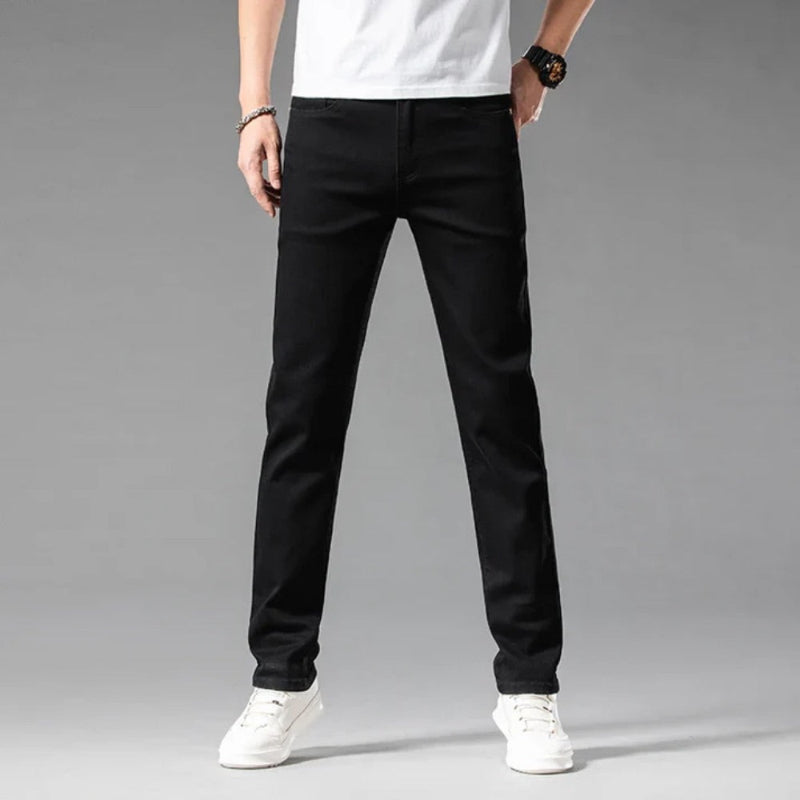 Front view of Alessandro Flex Cotton Jeans in black – Polumi men’s stretch cotton slim jeans.
