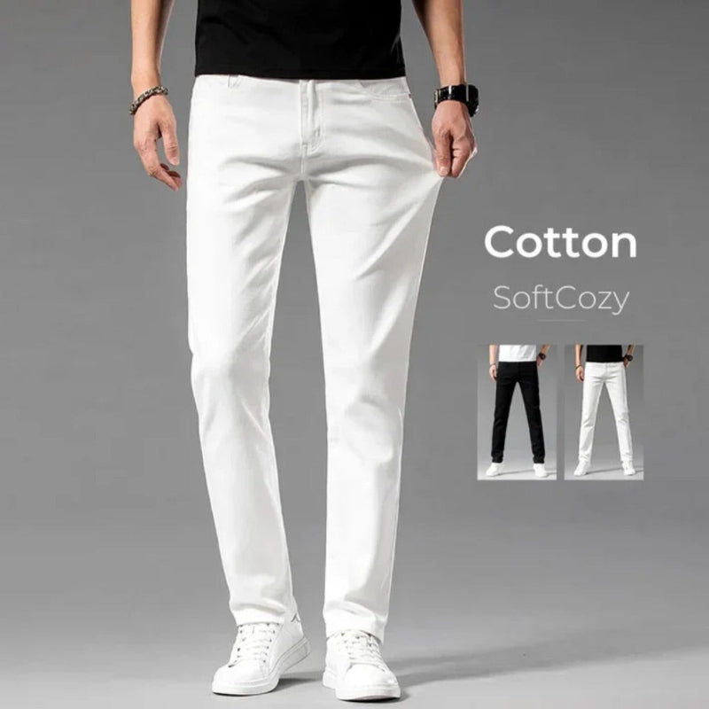 Front view of Alessandro Flex Cotton Jeans in white – soft stretch cotton men’s slim fit jeans by Polumi.