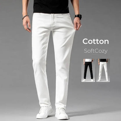 Front view of Alessandro Flex Cotton Jeans in white – soft stretch cotton men’s slim fit jeans by Polumi.