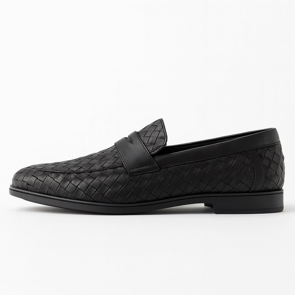 Alessandro Leather Moccasins in black – top view of men's woven leather loafers with elegant braided design and penny strap by Polumi.