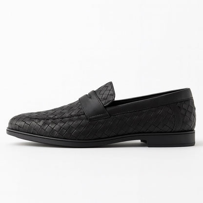Alessandro Leather Moccasins in black – top view of men's woven leather loafers with elegant braided design and penny strap by Polumi.