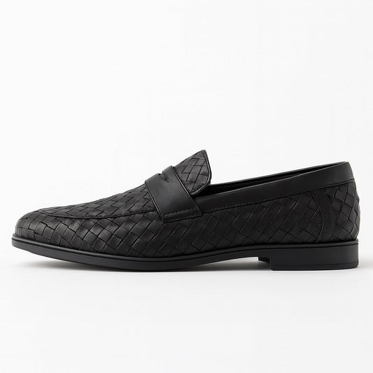 Alessandro Leather Moccasins in black – top view of men's woven leather loafers with elegant braided design and penny strap by Polumi.
