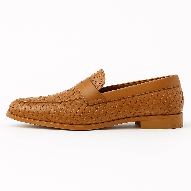Alessandro Leather Moccasins in brown – top view of men's tan woven leather loafers with classic penny strap and premium finish by Polumi.