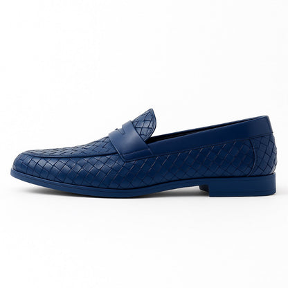 Alessandro Leather Moccasins in navy – top view of men's blue woven leather loafers with refined craftsmanship and sleek Italian style by Polumi.