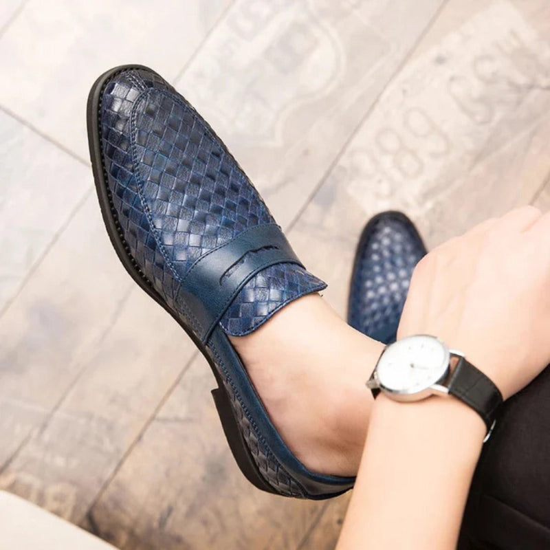 Alessandro Leather Moccasins in navy – stylish men's navy blue woven leather loafers with classic penny strap and modern design by Polumi.