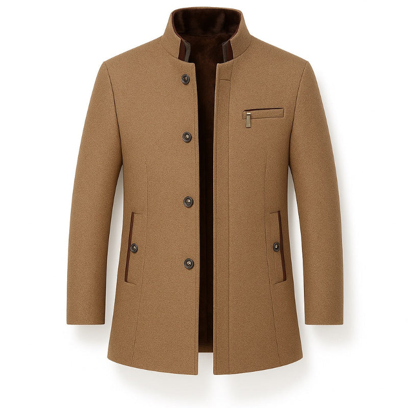 Alessandro Wool Overcoat in brown, classic men’s wool coat featuring structured silhouette and soft inner lining.