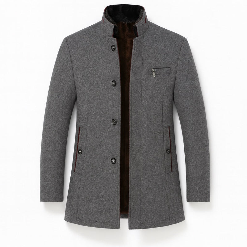 Alessandro Wool Overcoat in gray, elegant men’s wool coat with stand collar and button closure for refined winter style.