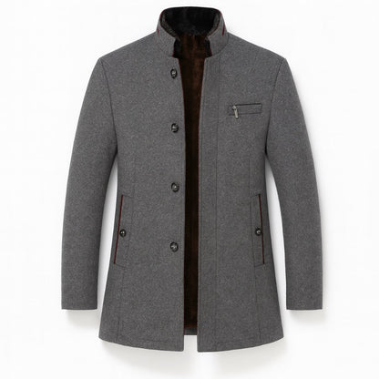 Alessandro Wool Overcoat in gray, elegant men’s wool coat with stand collar and button closure for refined winter style.