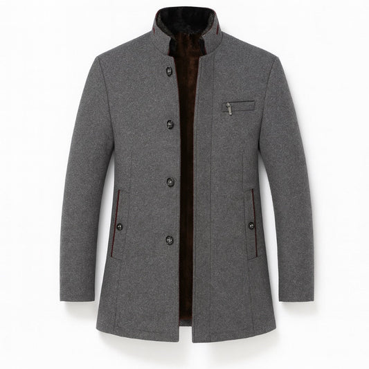 Alessandro Wool Overcoat in gray, elegant men’s wool coat with stand collar and button closure for refined winter style.