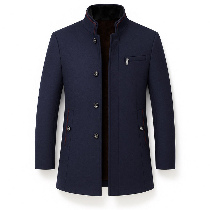 Alessandro Wool Overcoat in navy blue, premium wool coat with elegant stand collar and modern slim fit.
