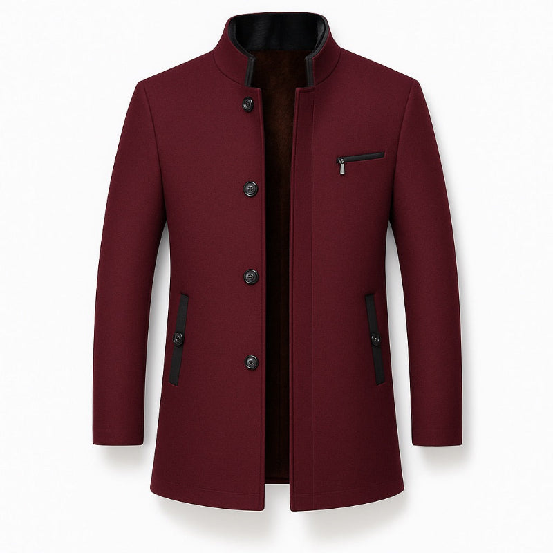 Alessandro Wool Overcoat in deep red, stylish men’s wool jacket with high collar and minimalist design.
