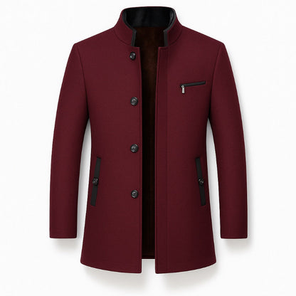 Alessandro Wool Overcoat in deep red, stylish men’s wool jacket with high collar and minimalist design.