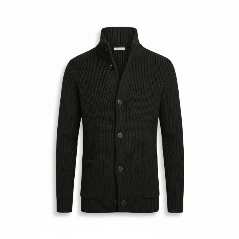 Black Alfredo Gentleman Cardigan – classic men’s knitted cardigan with buttons and high neckline
