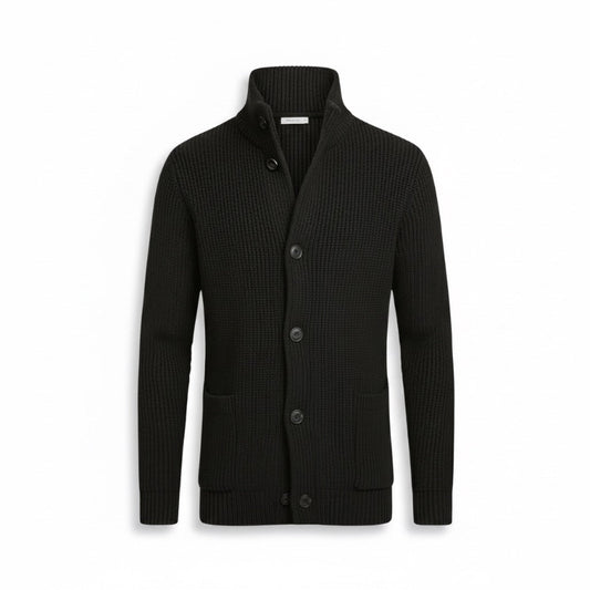 Black Alfredo Gentleman Cardigan – classic men’s knitted cardigan with buttons and high neckline
