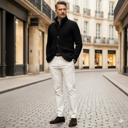 Stylish gentleman wearing black Alfredo Gentleman Cardigan and white chinos in an urban luxury setting
