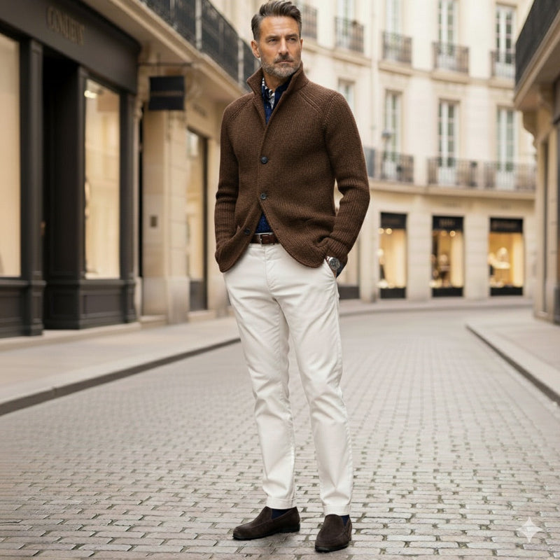 Mature model wearing brown Alfredo Gentleman Cardigan with white pants on a cobblestone street