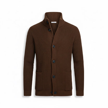 Brown Alfredo Gentleman Cardigan – warm men’s wool blend cardigan with collar and pockets