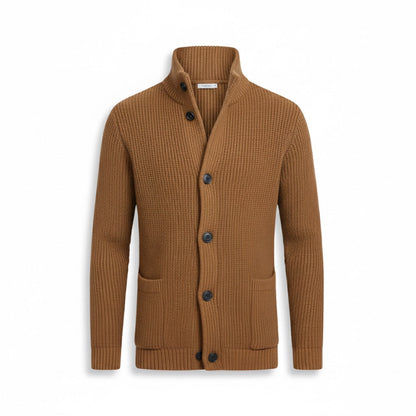 Camel Alfredo Gentleman Cardigan – warm men’s wool blend cardigan with collar and pockets
