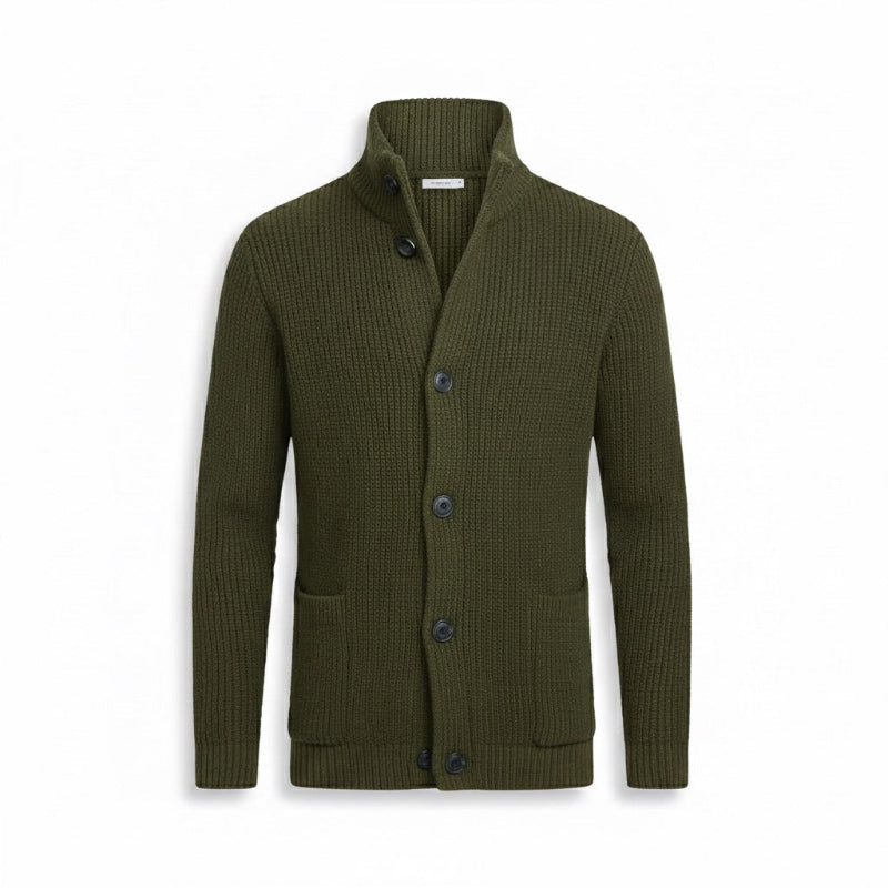 Green Alfredo Gentleman Cardigan – stylish men’s knitwear with standing collar and front pockets